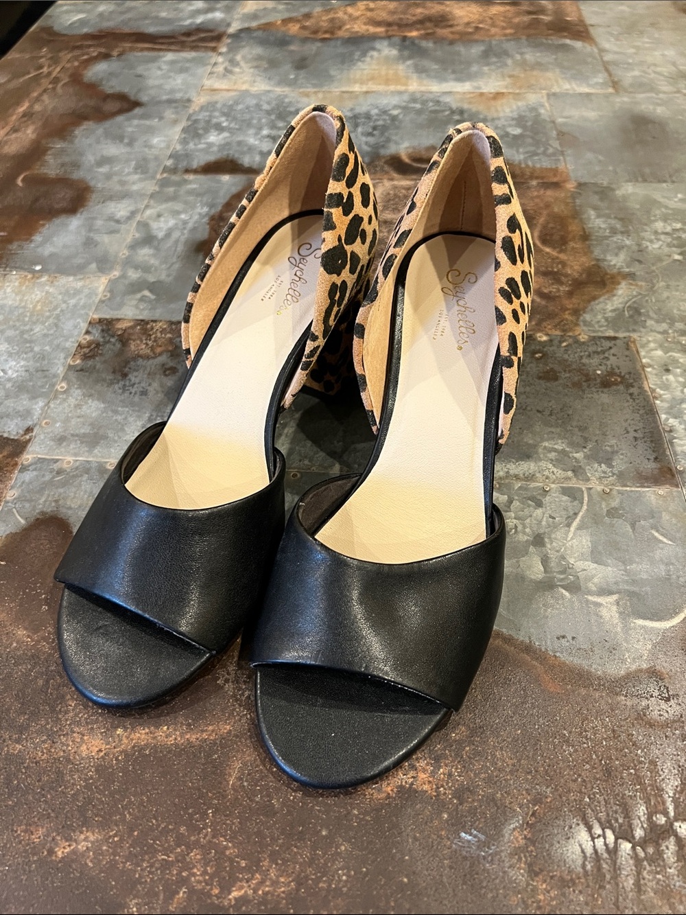 Seychelles Black & Leopard D'Orsay Open-Toe Heels